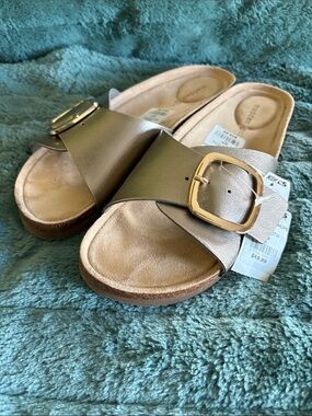 Madden Girl Metallic Taupe Slide Sandals with Gold Buckle